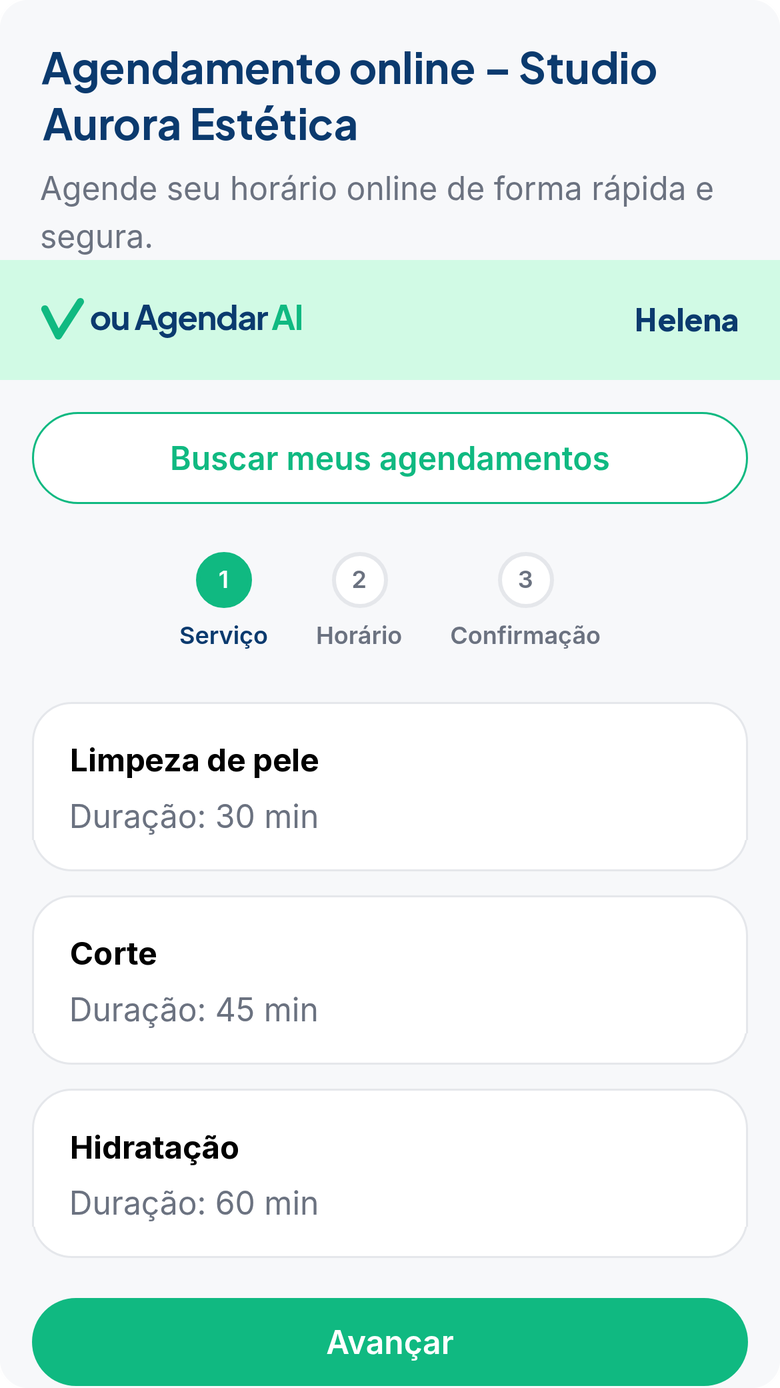 Link público para o cliente escolher o serviço