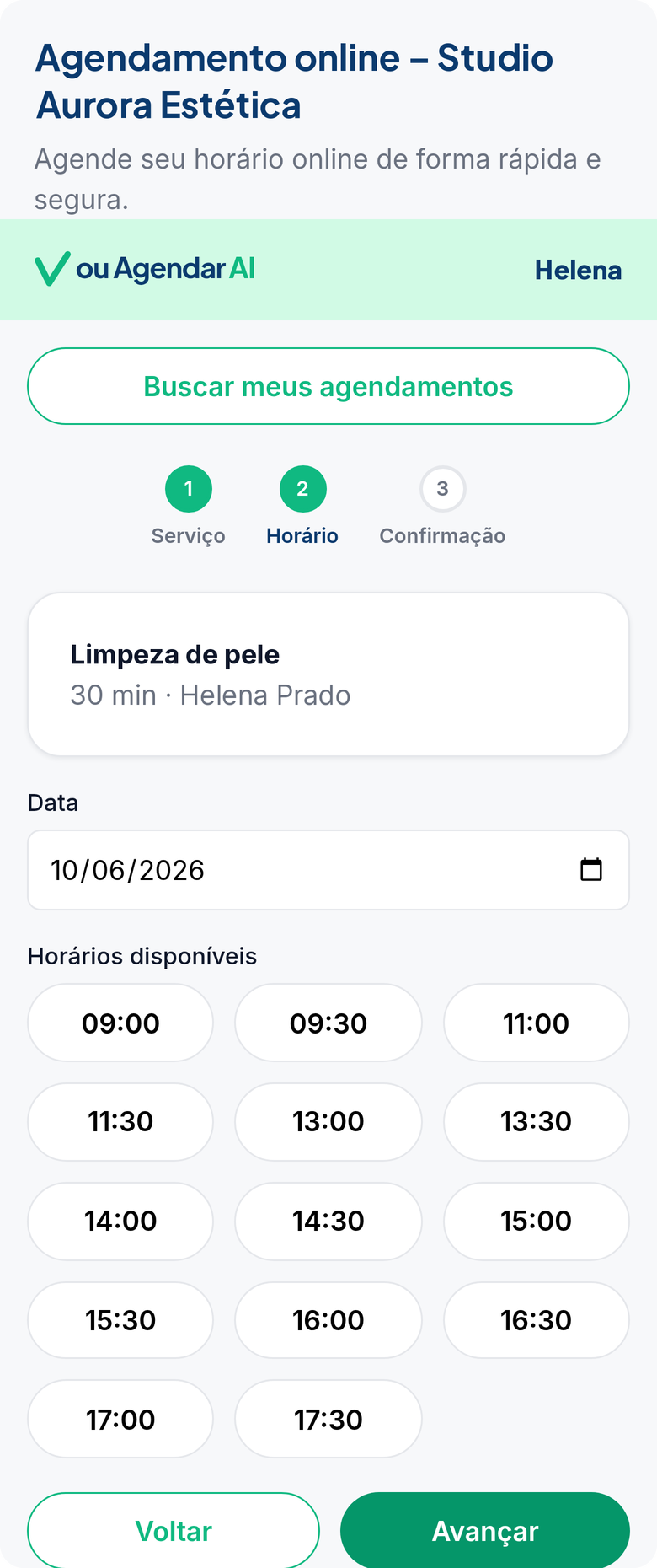Link público mostrando horários disponíveis
